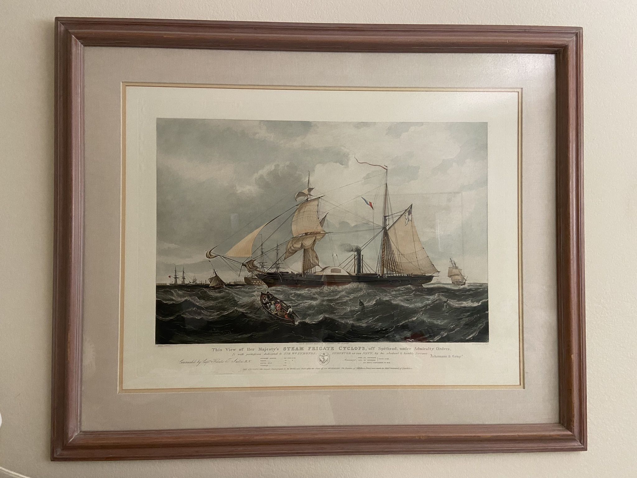 Vintage Framed Aquatint Etching Print-The View of Her Majesty's Steam Frigate Cyclops