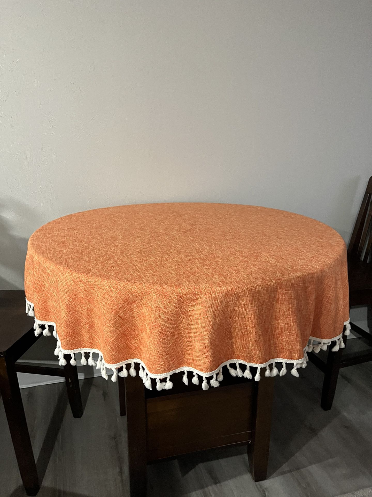 Round Orange Tablecloth With White Pom Pom Fringe 55.5”X 55.5”