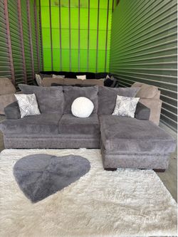 Grey small sectional sofa couch with heart shape rug (DELIVERY AVAILABLE)