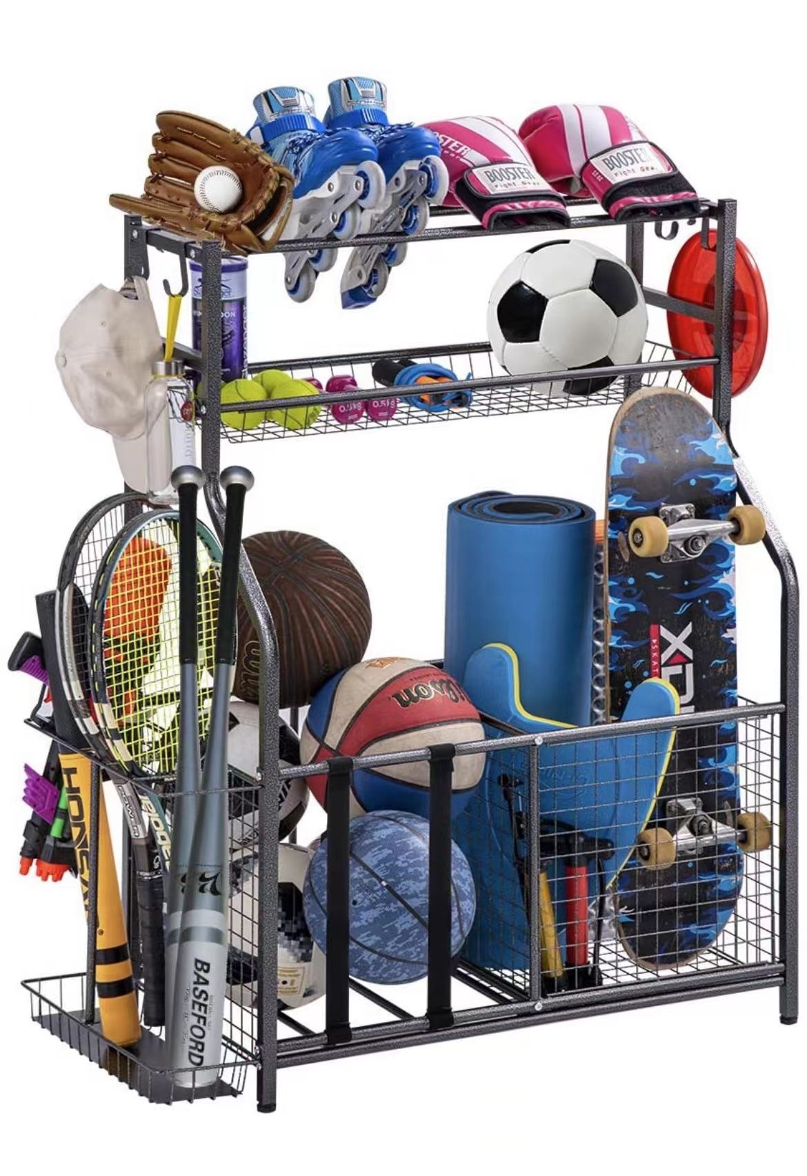 Garage Sports Equipment Storage Organizer with Baskets and Hooks - Easy to Assemble - Sports Ball Gear Rack Holds Basketballs, Baseball Bats, Football