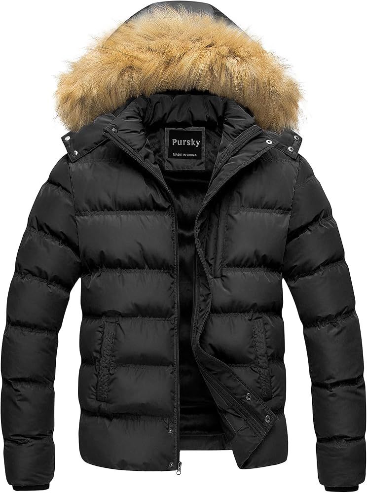 Pursky Men's Puffer Jacket Waterproof Winter Bubble Coats Ski Parka Fur Hooded