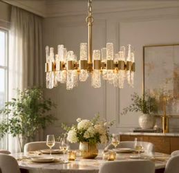 Uolfin Mid-Century Modern Gold Kitchen Island Chandelier, 6-Light Glam Dining Room Ceiling Light with Icing Glass Strips