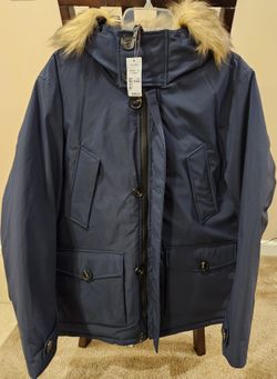 Jos A Bank Winter Coat with Faux Fur Collar - Navy - Medium, Large, and 1XL