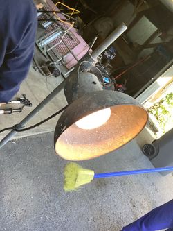 Heavy duty vintage industrial light heat lamp for shop has additional outlets for plug in, adjustable for correct light. 1950s60s. Fully functional ju
