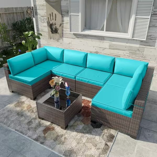 7-Pc Aqua Blue (Teal) Or Gray Outdoor Patio Rattan Wicker Sectional Furniture Set  [NEW IN BOX] **Retails for $800 <Assembly Required> 