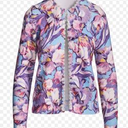 New Women’s Boston Proper Floral Printed Pearl Trim Cardigan 