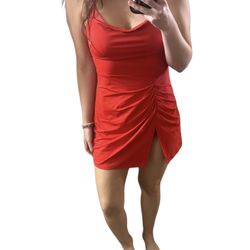 Red Mini front slit mini dress with stretch ruched waist women’s Sz small
