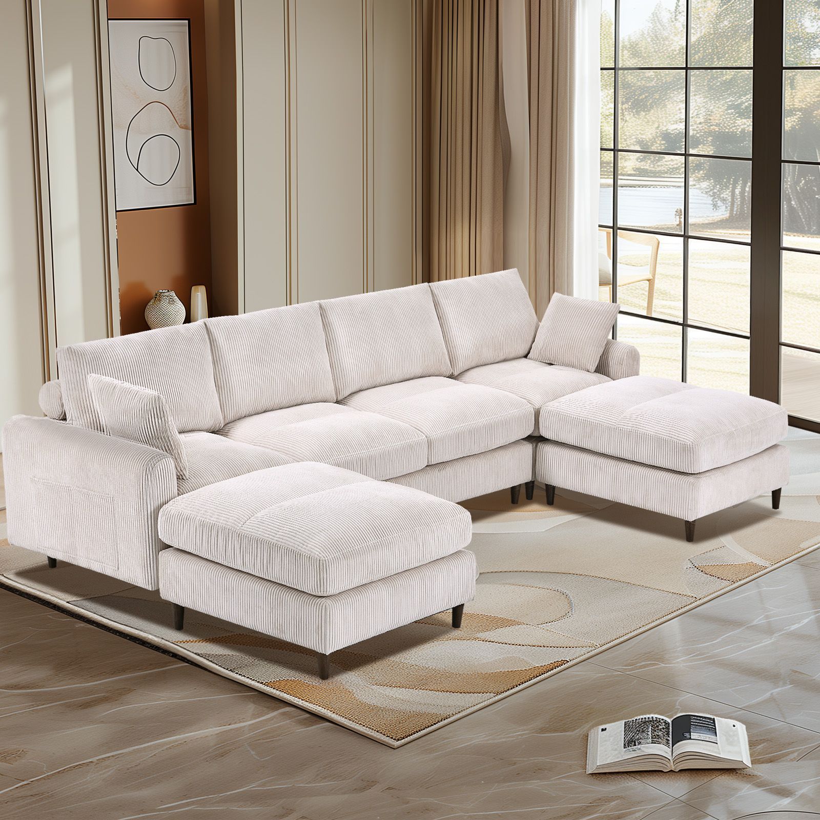 Modern corduroy modular section sofa, U-shaped convertible L-shaped sofa set with pillow, oversized sectional sofa with footstool, suitable for living