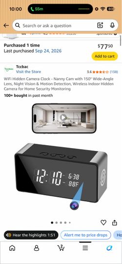 WiFi Camera Clock - Nanny Cam with 150° Wide-Angle Lens, Night Vision & Motion Detection, Wireless Indoor Camera for Home Security Monitoring