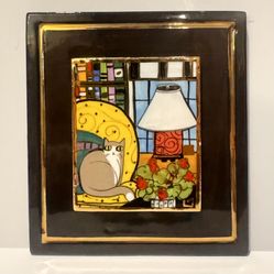 Laura Mostaghel Hand Painted Wall Art Tile Kitty Cat Floral 22K Gold Trim 4.25”T