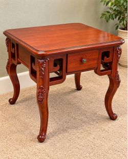 Carved Mahogany End Table with Drawer