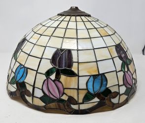 Vintage Tiffany Style Stained Glass Tulip Flower Lampshade 16" Dome RESTORATION PROJECT READ!