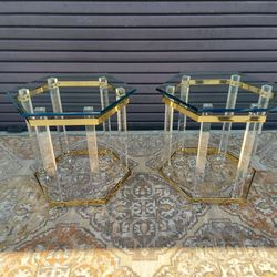 Pair of Charles Hollis Jones Style Brass and Lucite Octagonal End Tables .