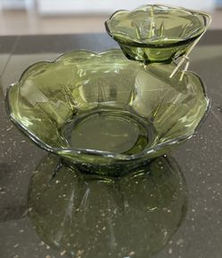 Vintage Anchor Hocking MCM Swedish Modern 3 pc Chip & Dip Set Avocado Green
