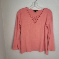 I.N. Studio Petite Light Coral Top Crisscross Neckline Bell Sleeves Medium