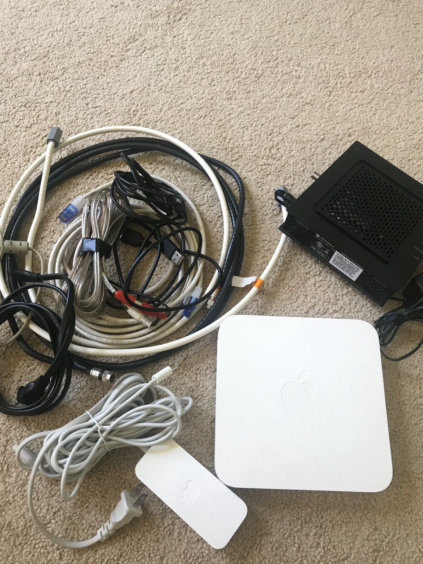 Lot of Random cables Apple Router and Motorola Cable Modem