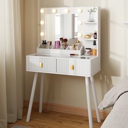 White Vanity Desk with Lighted Mirror