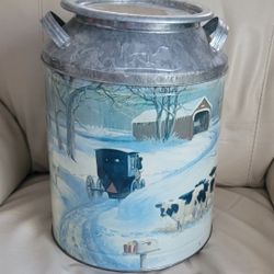 Light Steel Tin Storage Container Old School Style Milk Can Farmhouse Home Kitchen Decor, 14" Tall.