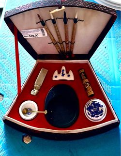 Vintage Chinese Calligraphy Set - 4 Brushes Inkstone Inkstick Carved Seal Box
