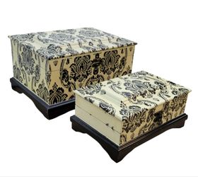 2 Wooden Black & Cream Damask Pattern Jewelry / Keepsakes Boxes W/ Hinged Lids