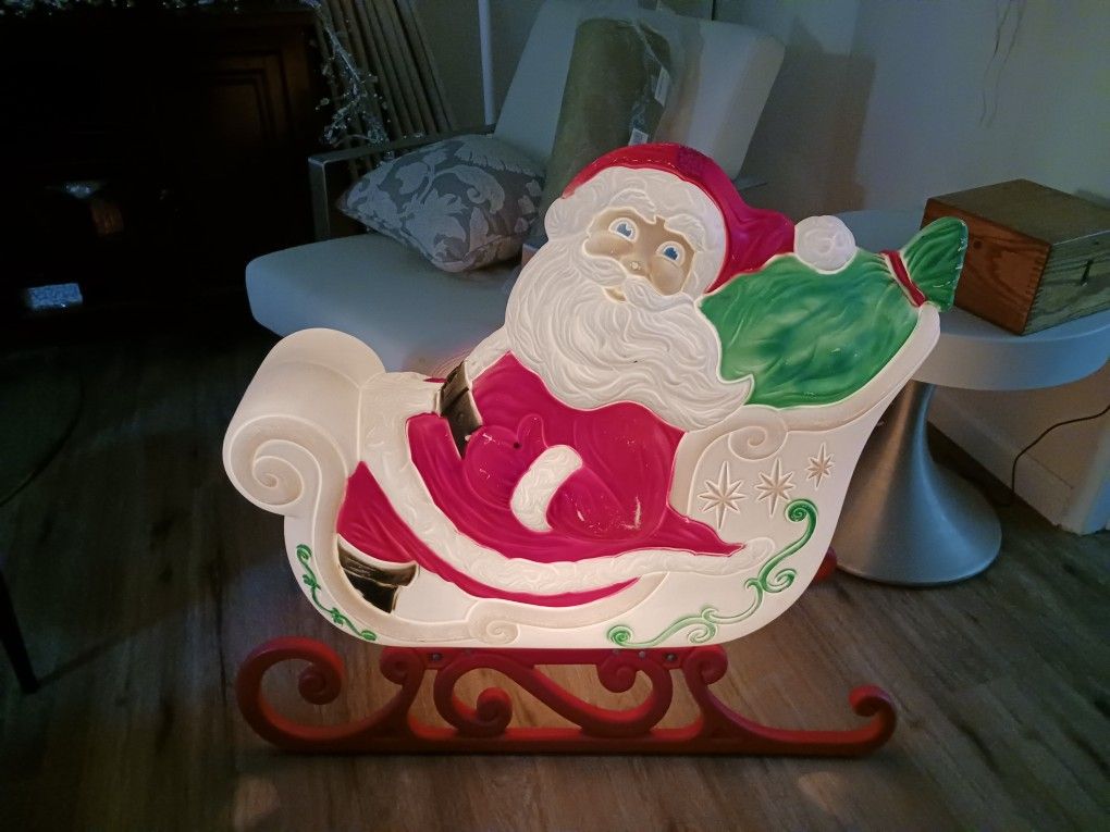 Vintage Grand Venture Lighted Blow-Mold Santa Claus & Sleigh Excellent
