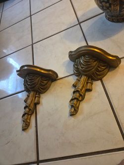 Vintage SyrocoWood Gold Drapery Tassel Wall Shelves – Pair