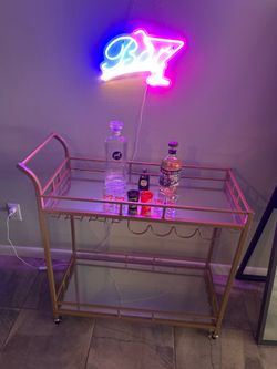 Gold Bar Cart with Glass Shelves + Bar Accessories & Neon Sign