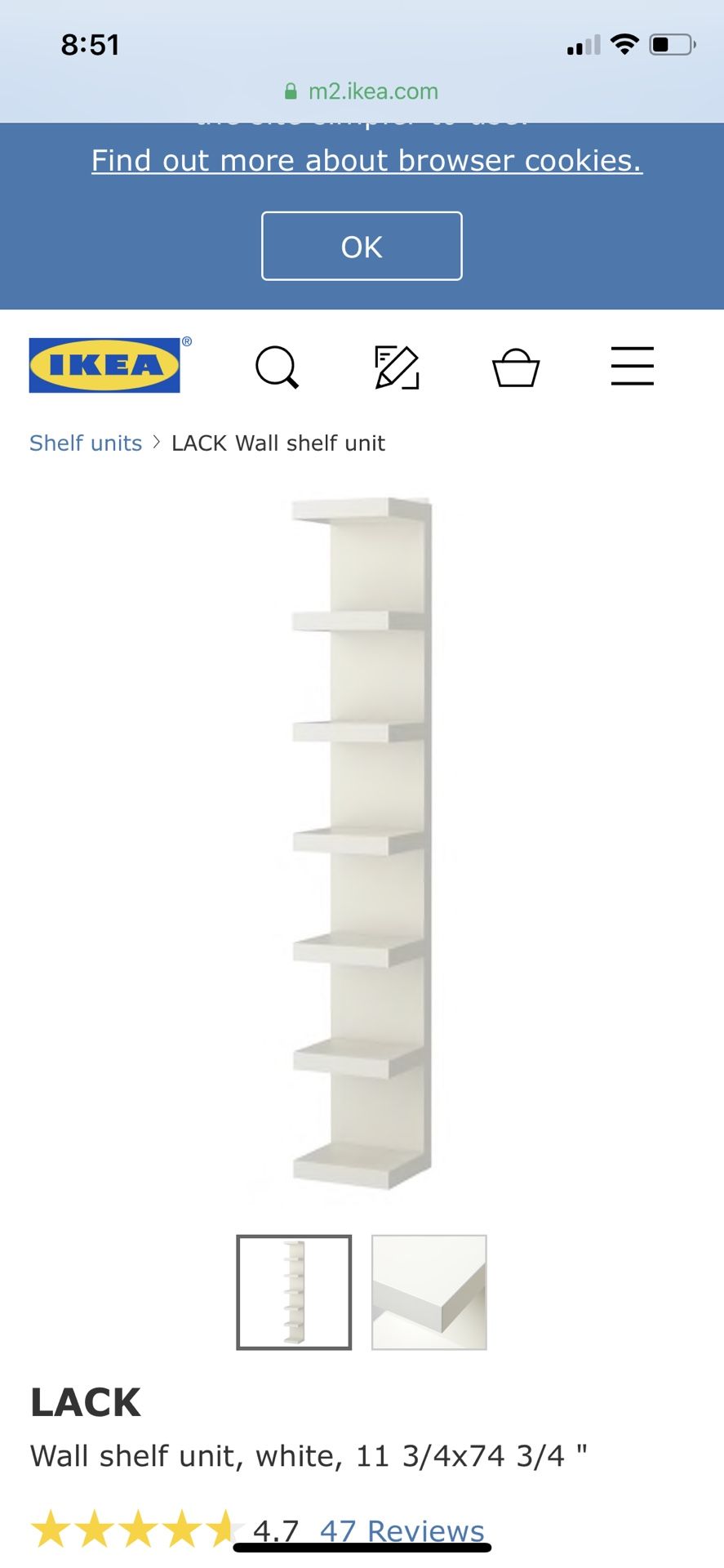 Ikea LACK Wall shelf unit, white, 11 3/4x74 3/4 "