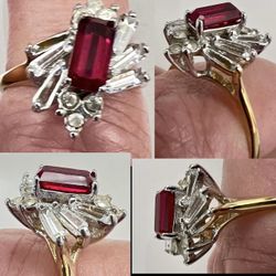 Vintage 1970’s Ruby emerald with clear Austrian crystals ring  