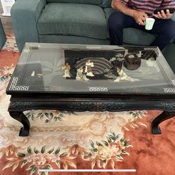 Asian Coffee Table Oyster Shell Black Top Glass 