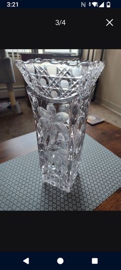 Vintage Tall  Crystal Vase With Etched Flower Design