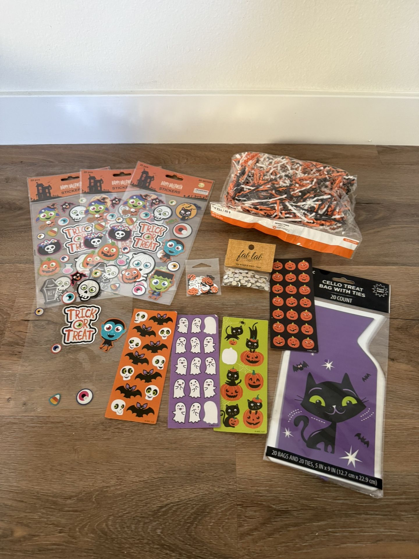 Halloween stickers, treat bags, decorations