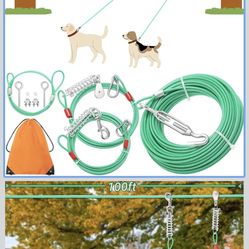 100FT Dog Tie Out Cable, Heavy Duty Chew Proof Long Dog Lead Leash with 10FT & 15FT Trolley Leash - Outdoor Runner Cable for Yard, Camping Outside - F