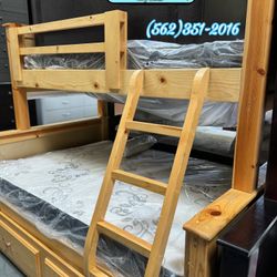 Triple Natural Bunk Bed With Mattresses Trundle New Cama 