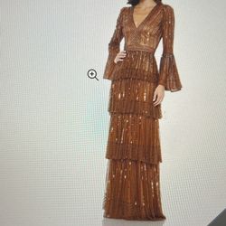 Mac Duggar 5442 Sequin Long Sleeve Ruffle Gown Copper Size 12 L