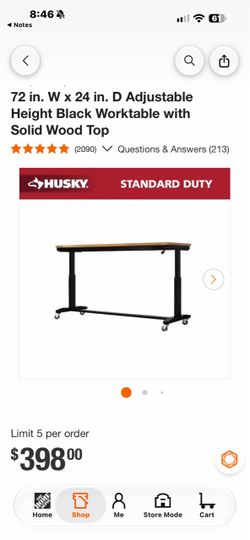 Husky 72in Adjustable Height Worktable with Wood Top