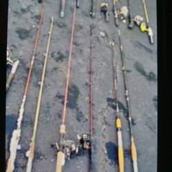 19 Fishing Rods.  14 Reels. One Box Of Stuff. 34 Items