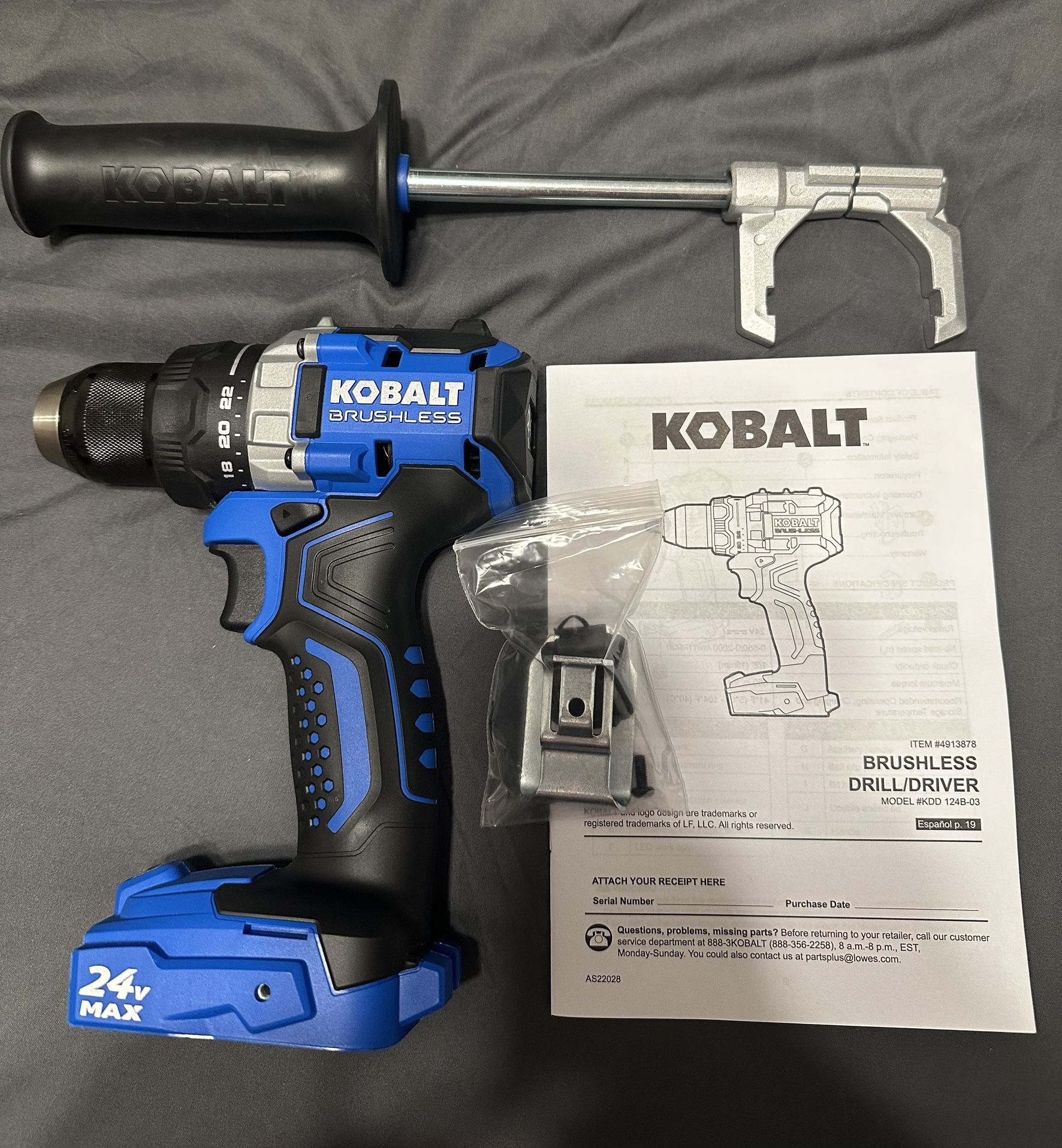Kobalt Brushless Next Gen 24v Drill With Auxiliary Handle & Manual - Tested Tool Only