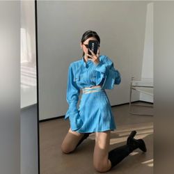 Women's Crisscross Tie Back Flap Detail Crop Shirt & Skirt - Blue