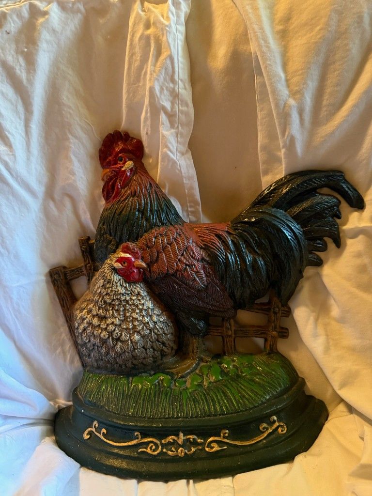 Vintage Iron Hen And Rooster Doorstopper