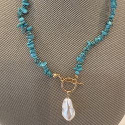 Large Faux Pearl and Blue Turquoise Necklace 