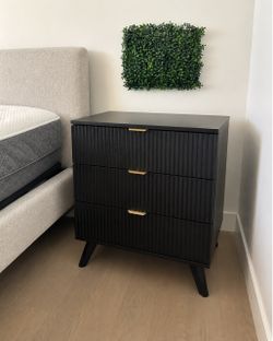 Pair of Black Fluted 3-Drawer Nightstands / Dressers, Gold Hardware