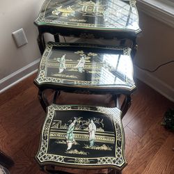 Elegant Asian-Inspired Nesting Tables Set (3 Pieces) – Glass Top
