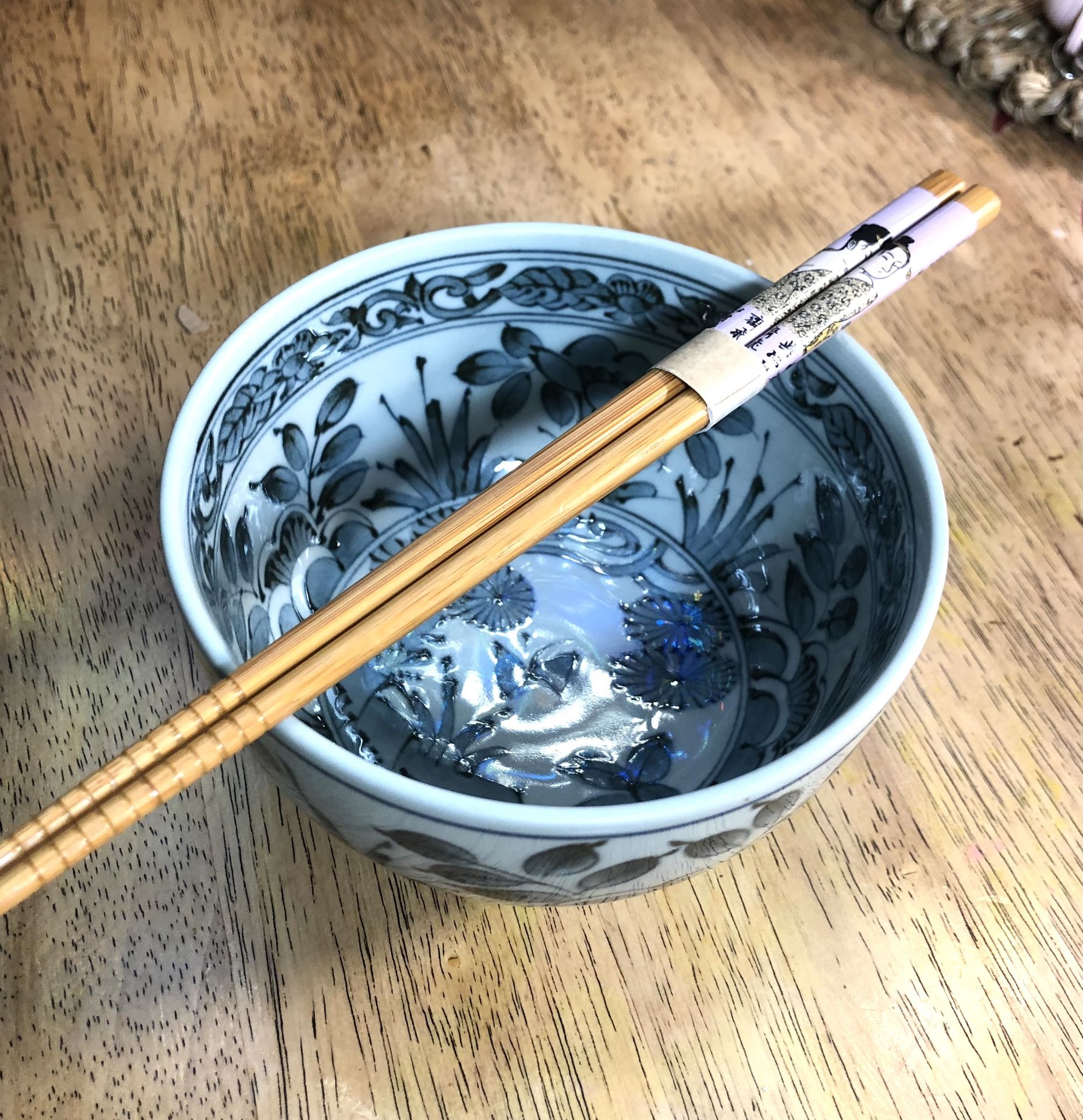 Blue And White Rice Bowl With Chopsticks 