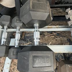 Single 70lb Hex Rubber Dumbbell