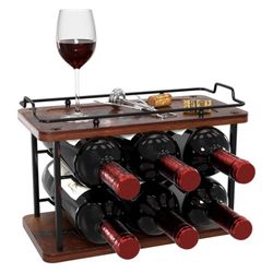 Visentor Countertop Wine Rack, 2 Tier Wood Metal Wine Racks Free Standing Floor, Tabletop Wine Bottle & Cork Holder Organizer, for Bar Decor, Kitchen 