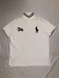 RARE! VTG Polo Ralph Lauren Big Pony Script Polo Shirt - White/Navy (Size XL)