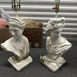 Vintage Roman Grecian Bust Heavy Statue Sculpture Table Lamps Neoclassical