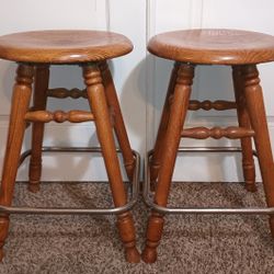 Set Of 2 Vintage Solid Oak Swivel Bar Stools