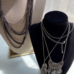 Lot Of Three Antique Silver Tone Necklaces Faux Marchasite, Multi Strand 
